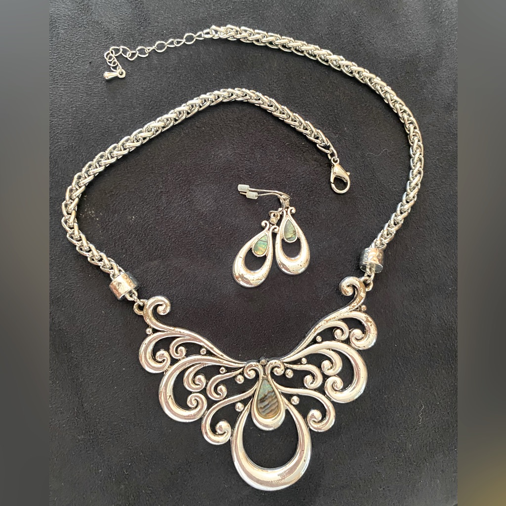 Silver Tone And Abalone Necklace And Earring Set